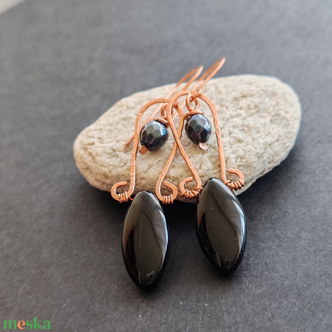 Ónix - aurás achát réz fülbevaló  - ékszer - fülbevaló - lógó fülbevaló - Meska.hu