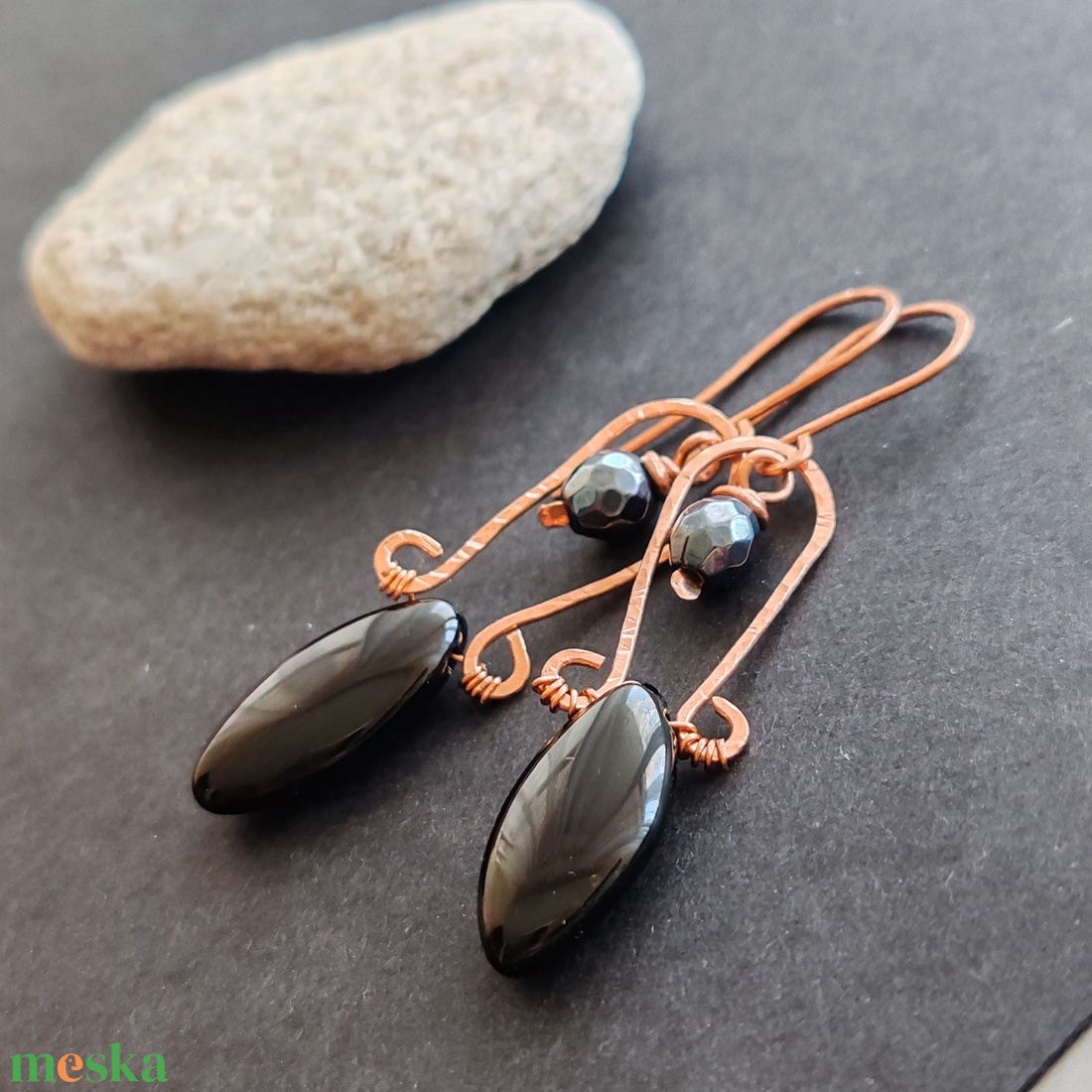 Ónix - aurás achát réz fülbevaló  - ékszer - fülbevaló - lógó fülbevaló - Meska.hu