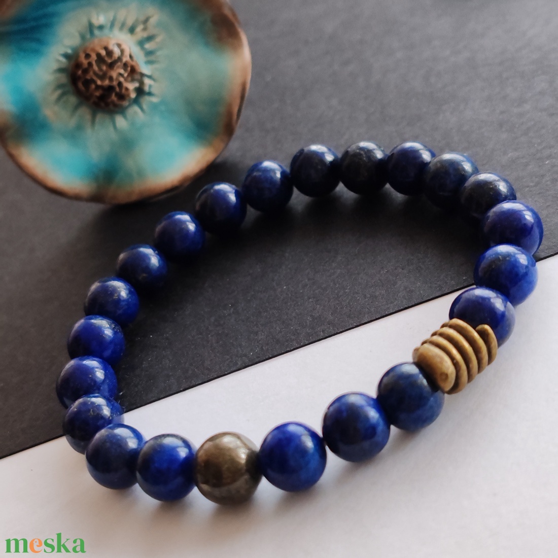 Lápisz lazuli - pirit karkötő  - ékszer - karkötő - gyöngyös karkötő - Meska.hu