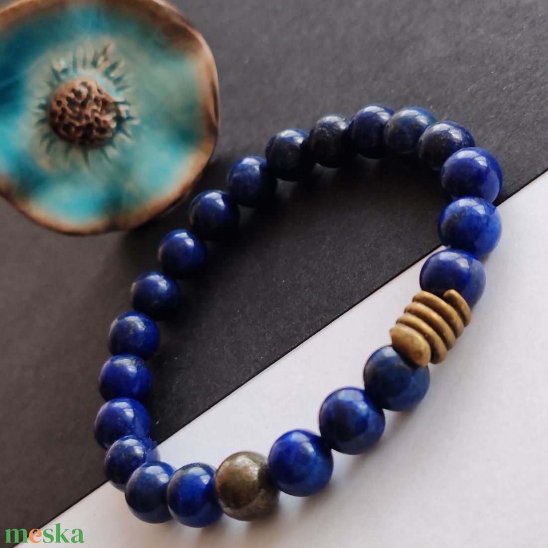 Lápisz lazuli - pirit karkötő  - ékszer - karkötő - gyöngyös karkötő - Meska.hu
