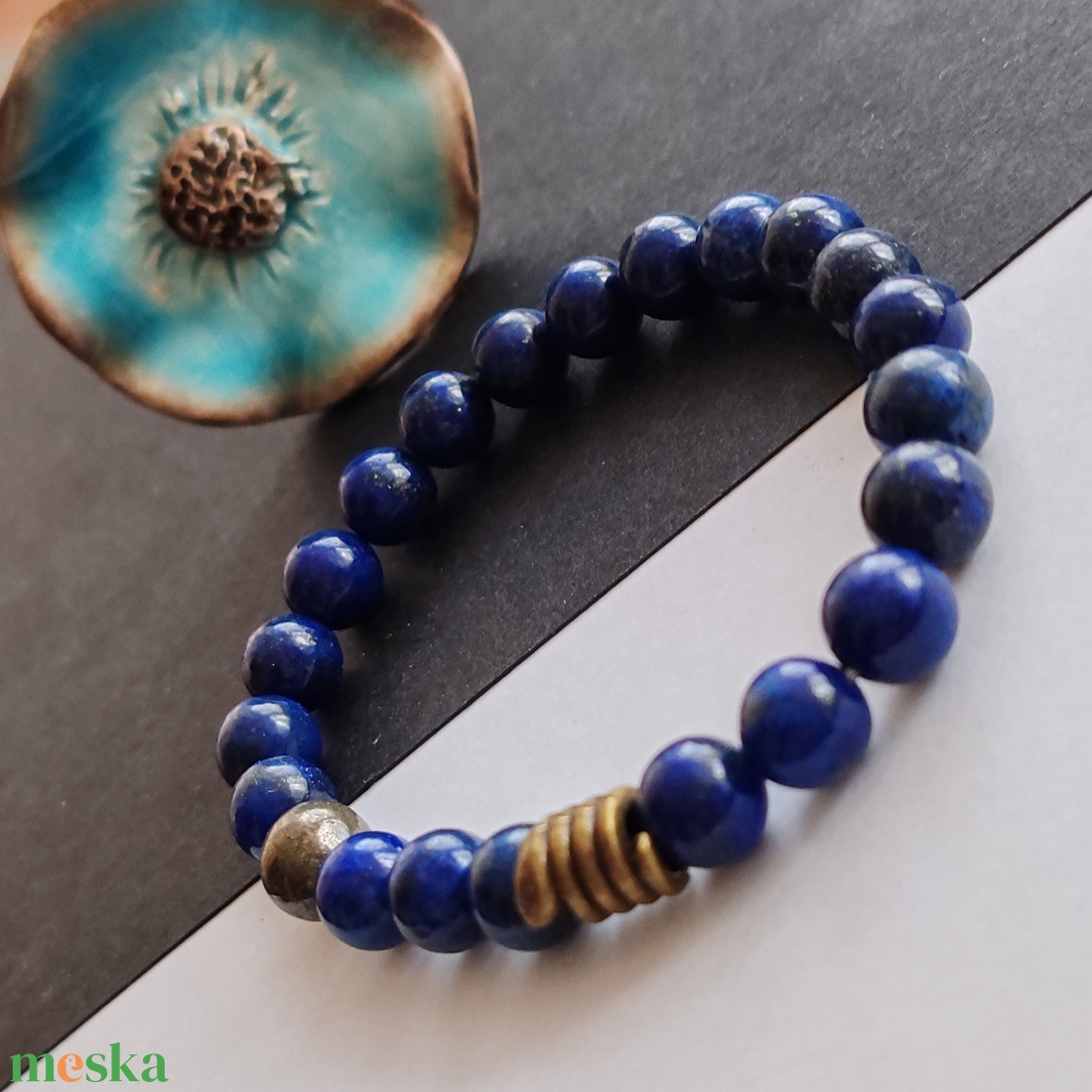 Lápisz lazuli - pirit karkötő  - ékszer - karkötő - gyöngyös karkötő - Meska.hu