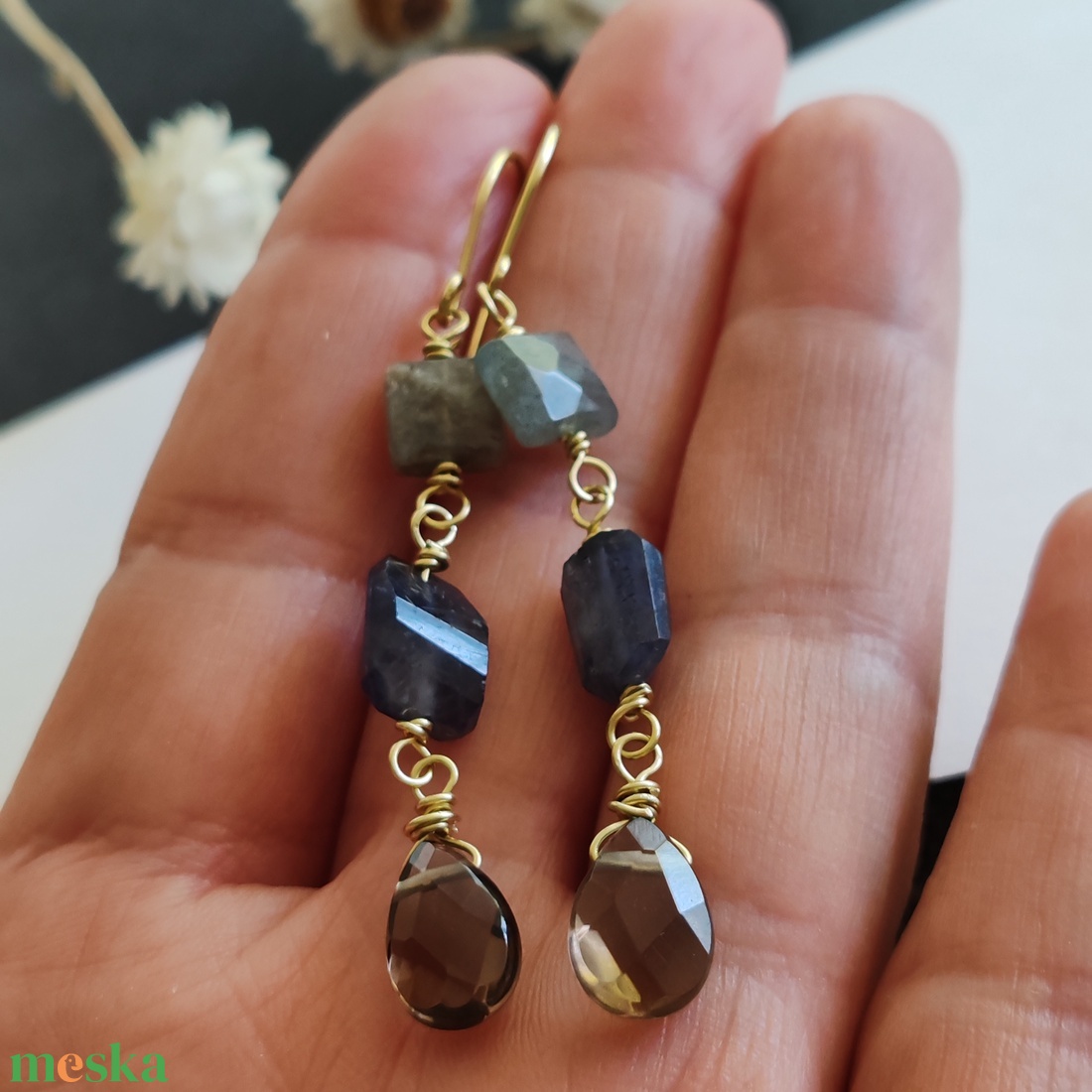 Füstkvarc - iolit - labradorit fülbevaló - ékszer - fülbevaló - lógó fülbevaló - Meska.hu