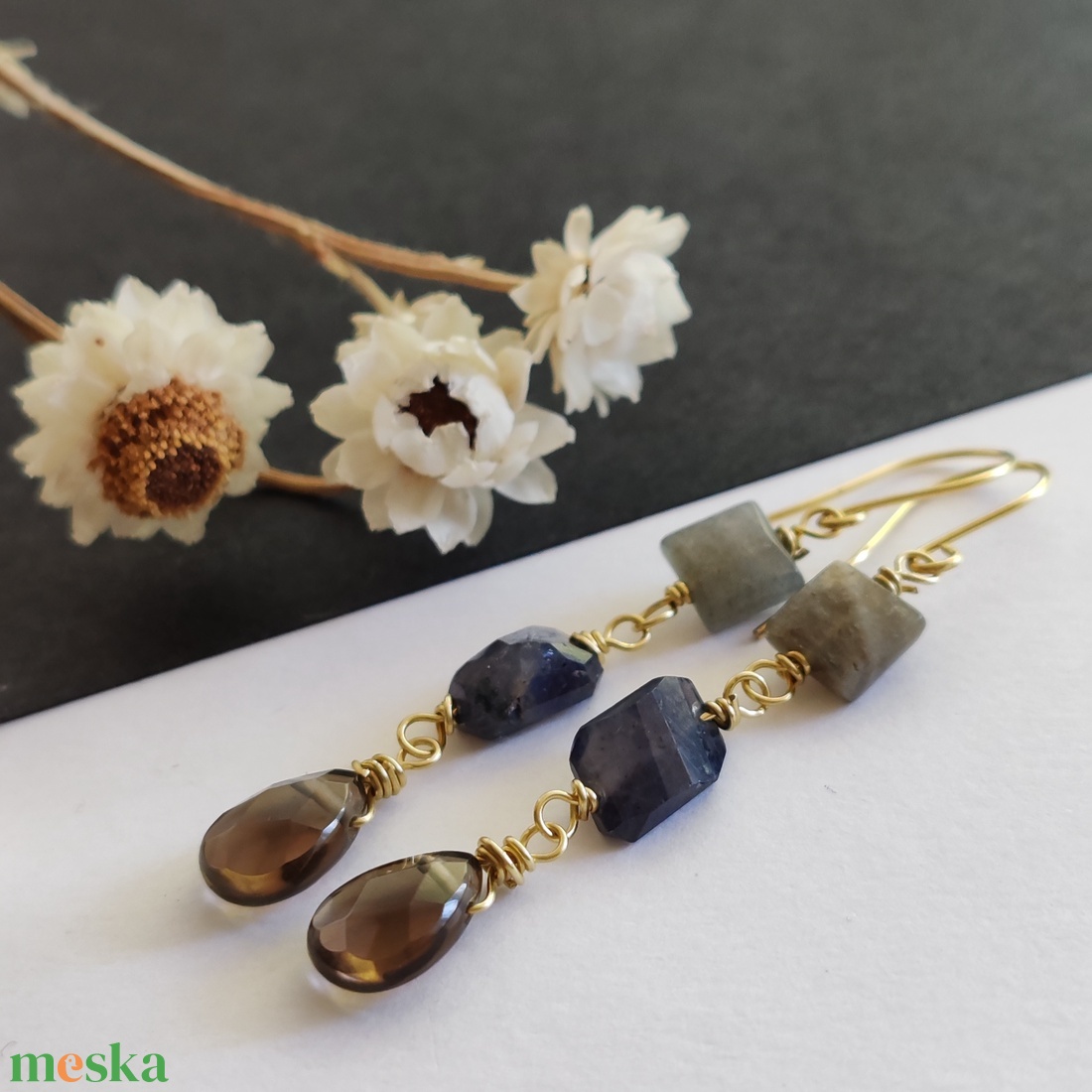 Füstkvarc - iolit - labradorit fülbevaló - ékszer - fülbevaló - lógó fülbevaló - Meska.hu