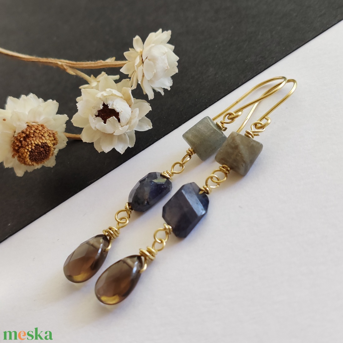 Füstkvarc - iolit - labradorit fülbevaló - ékszer - fülbevaló - lógó fülbevaló - Meska.hu