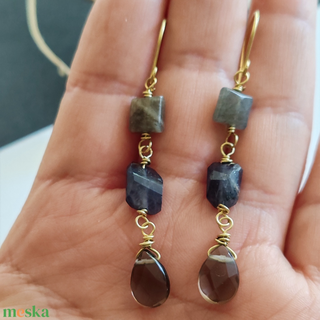 Füstkvarc - iolit - labradorit fülbevaló - ékszer - fülbevaló - lógó fülbevaló - Meska.hu