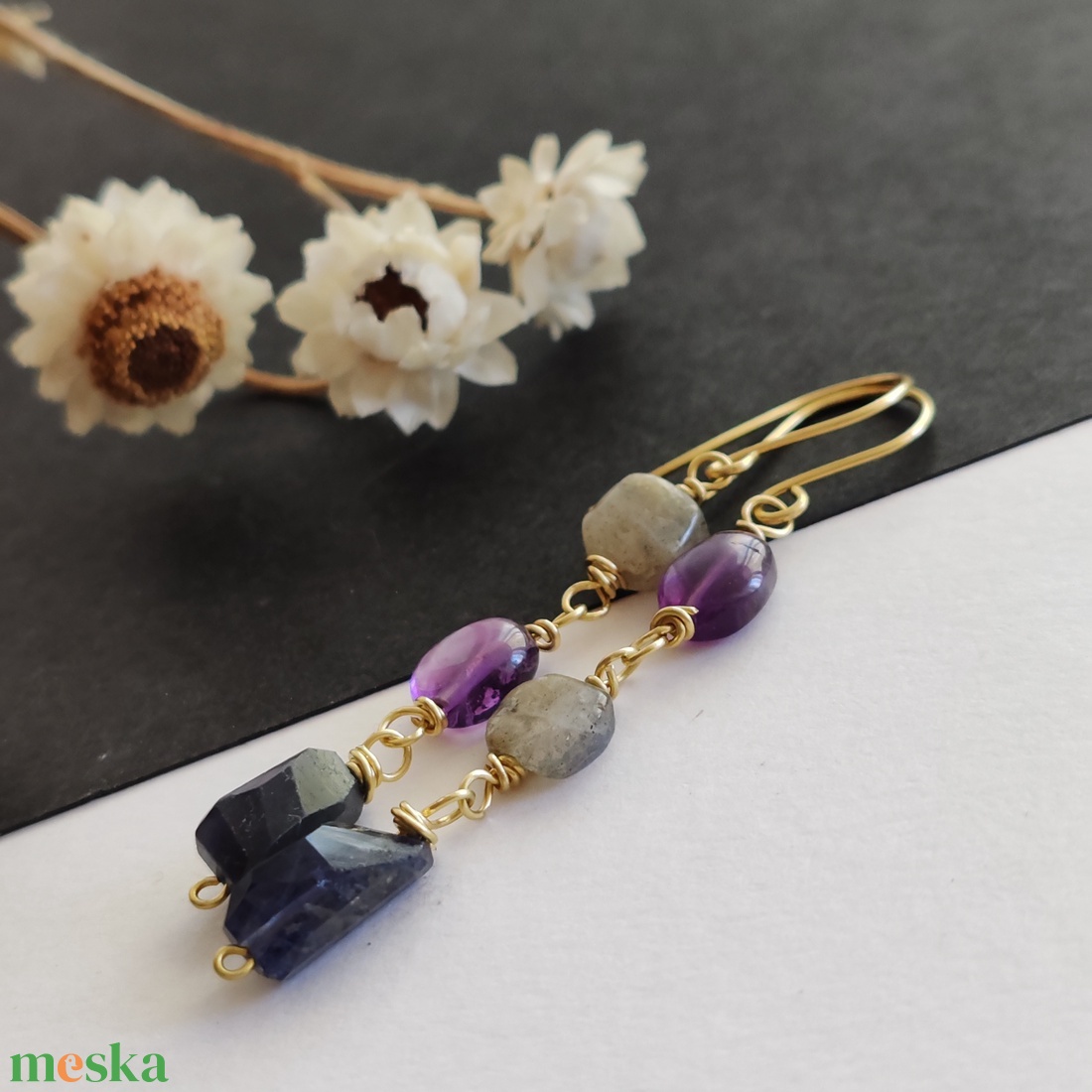 Ametiszt - iolit - labradorit fülbevaló - ékszer - fülbevaló - lógó fülbevaló - Meska.hu