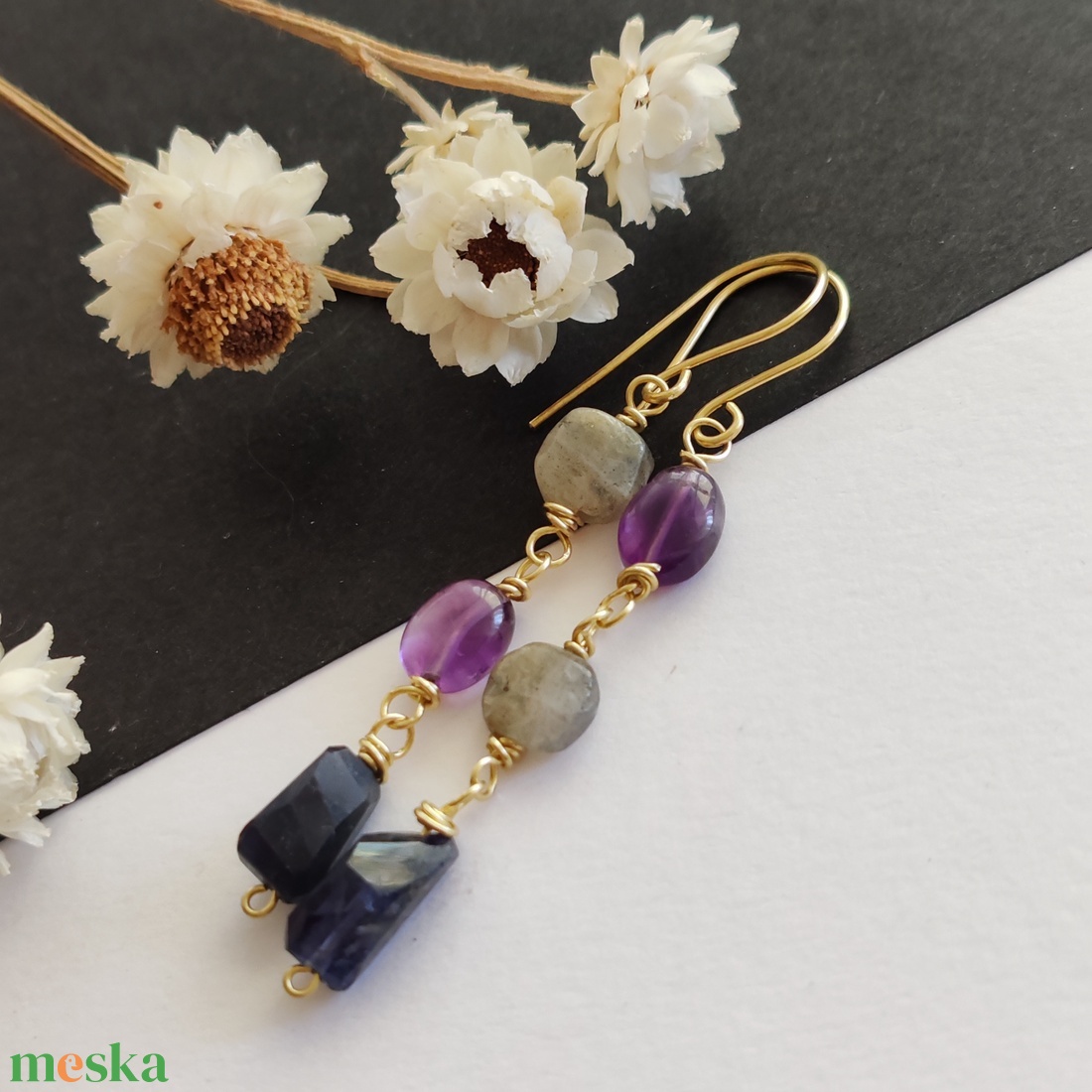 Ametiszt - iolit - labradorit fülbevaló - ékszer - fülbevaló - lógó fülbevaló - Meska.hu