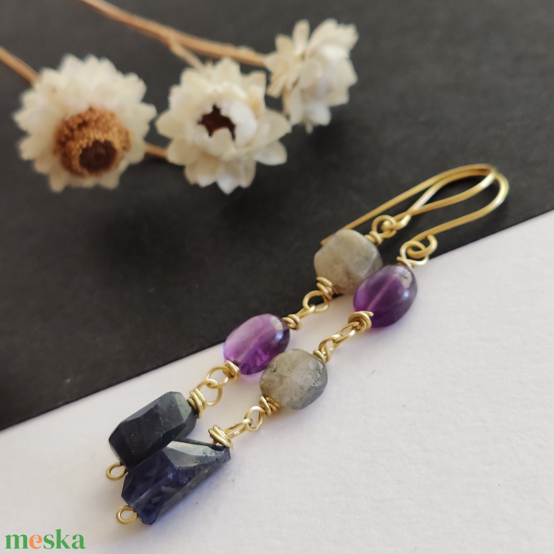 Ametiszt - iolit - labradorit fülbevaló - ékszer - fülbevaló - lógó fülbevaló - Meska.hu