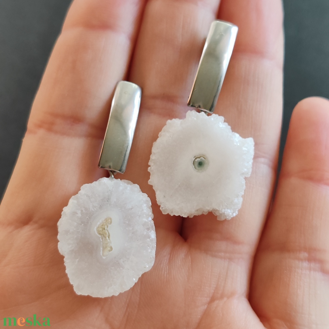 Drúzy achát nemesacél fülbevaló  - ékszer - fülbevaló - lógó fülbevaló - Meska.hu