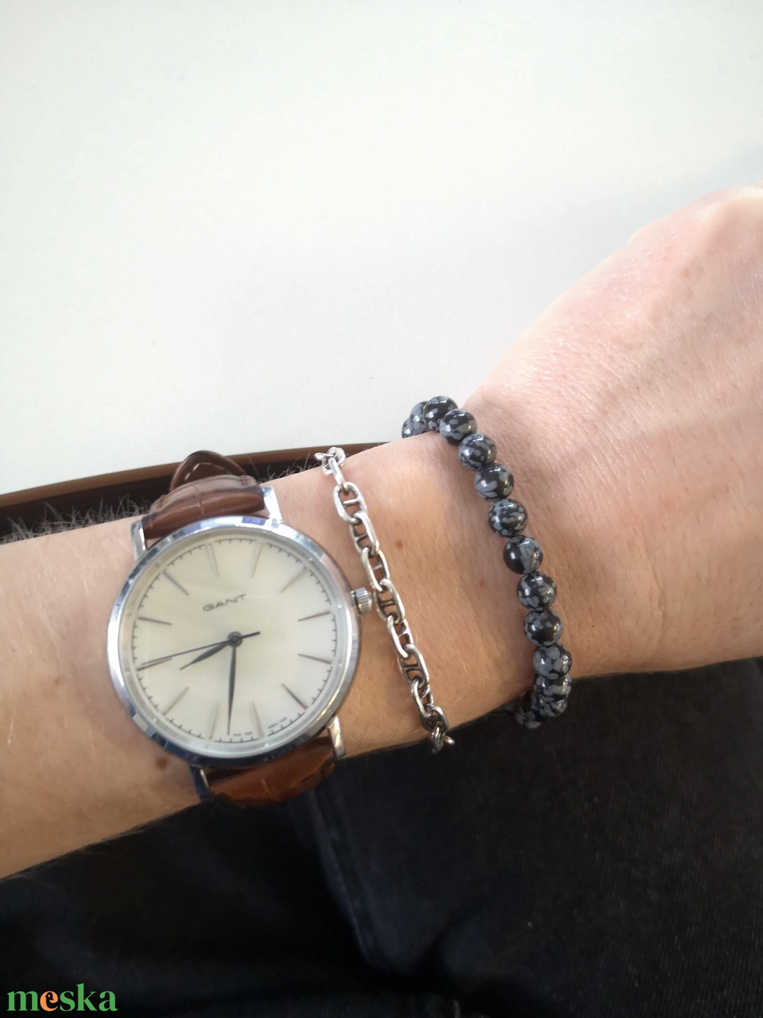 Remény - hópehely obszidián karkötő 6 mm - ékszer - karkötő - gyöngyös karkötő - Meska.hu