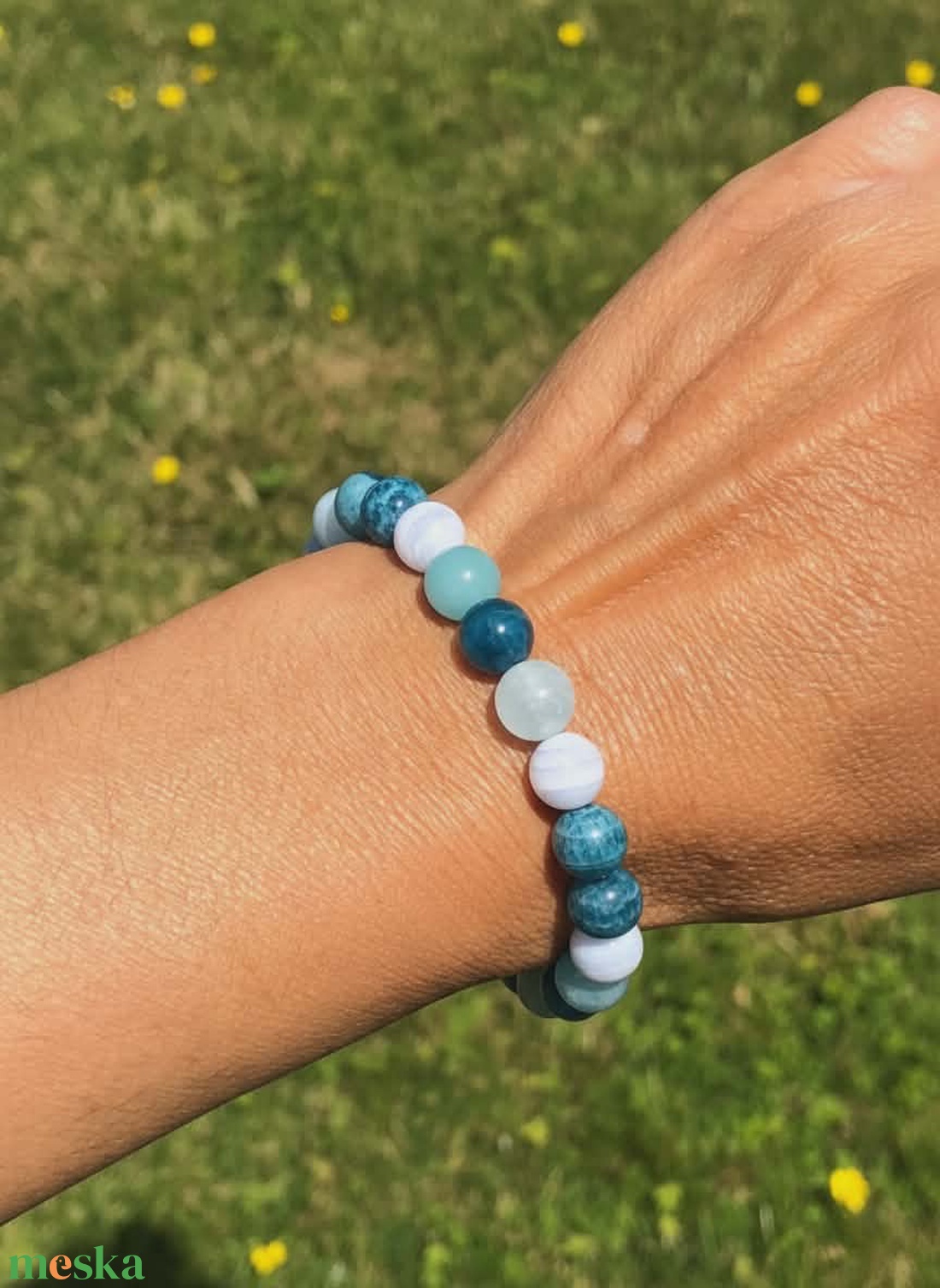 Torokcsakra karkötő 8 mm - apatit, kék csipkeachát, amazonit, akvamarin - ékszer - karkötő - gyöngyös karkötő - Meska.hu