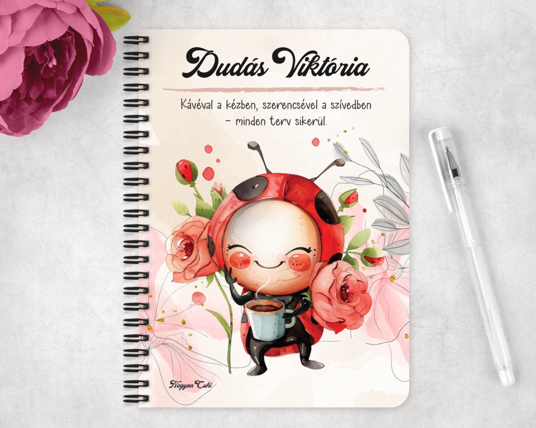 Személyre szabható - Cuki kávézós katica mintás A5-ös füzet - otthon & életmód - papír, írószer - jegyzetfüzet & napló - Meska.hu