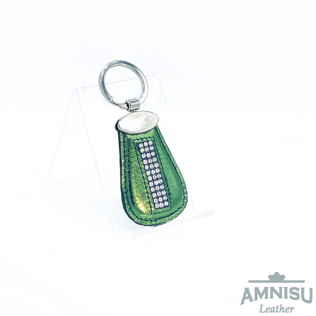 Metál zöld csepp alakú swarovski köves bőr kulcstartó H7008OK - táska & tok - kulcstartó & táskadísz - kulcstartó - Meska.hu