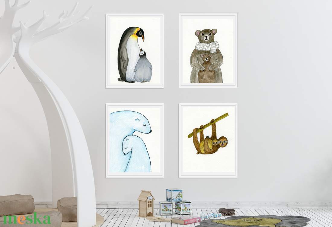 Anya-gyerek szeretetről szóló képek, maci, jegesmedve pingvin lajhár anya-bébijei, gyerekszoba dekoráció szett,  - otthon & lakás - babaszoba, gyerekszoba - babaszoba kép - Meska.hu
