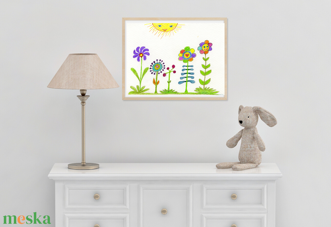 Mesebeli virágos kert, gyerekszoba dekoráció, színes virágos vidám falikép gyerekszobába, letölthető digitális kép  - otthon & lakás - babaszoba, gyerekszoba - babaszoba kép - Meska.hu
