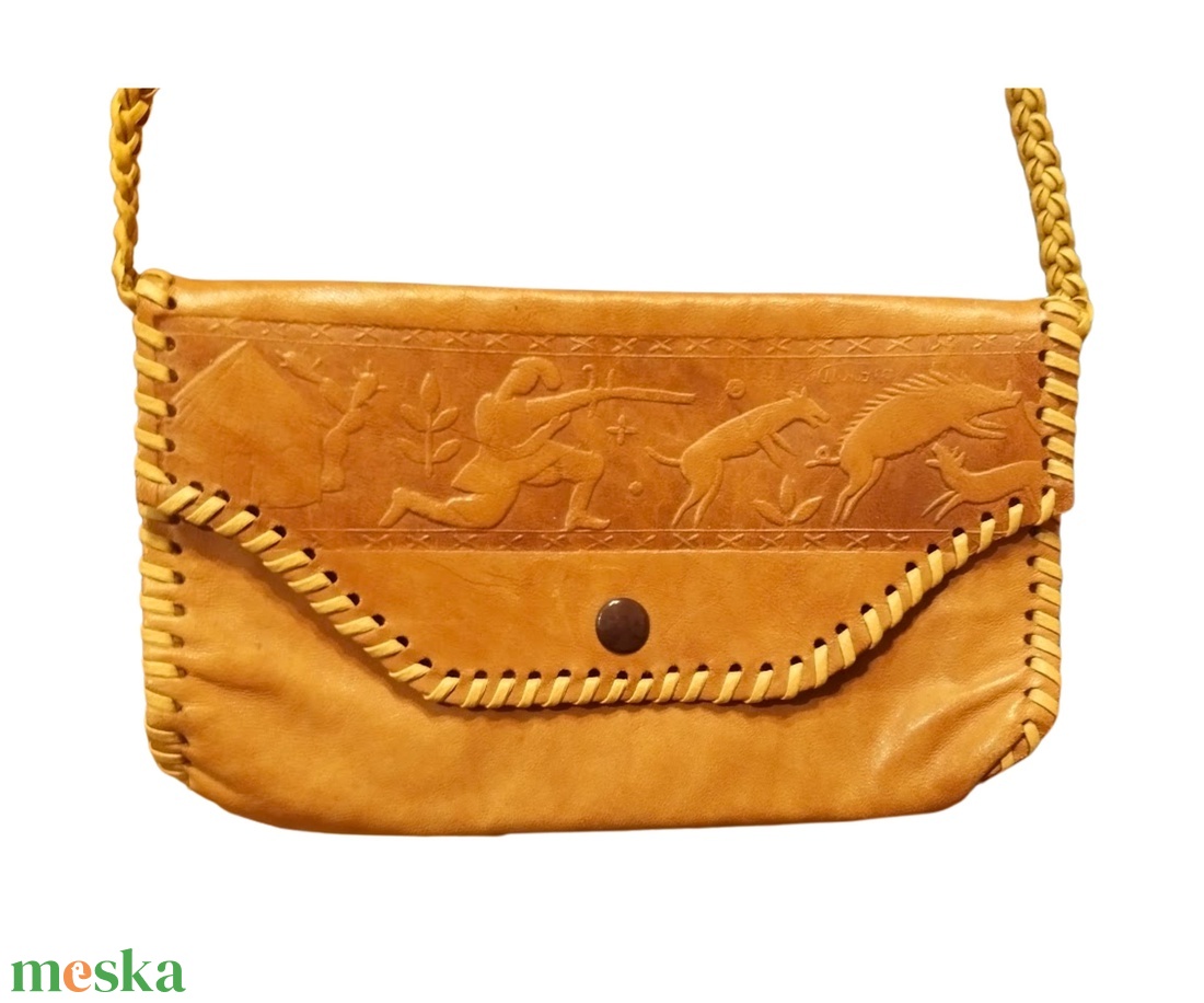 Vintage valódi bőr táska, vadászjelenetes bőr női válltáska, kézműves valódi bőr  női válltáska, karamel színű bőrtáska  - táska & tok - kézitáska & válltáska - válltáska - Meska.hu