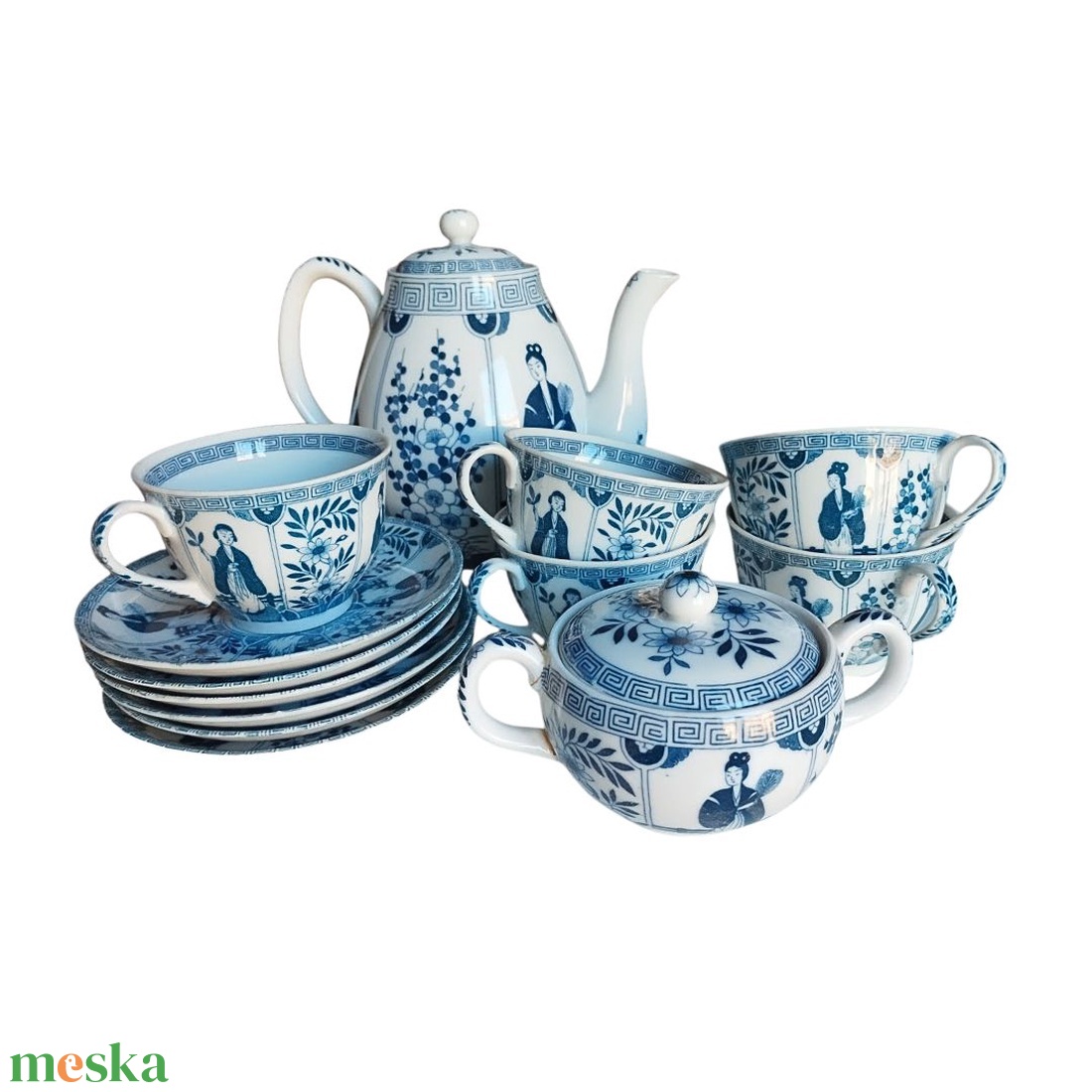 Vintage japán porcelán teáskészlet, Japan kék-fehér porcelán teás csésze, teás kanna  - otthon & életmód - konyhafelszerelés, tálalás - tálalás - bögre & csésze - Meska.hu