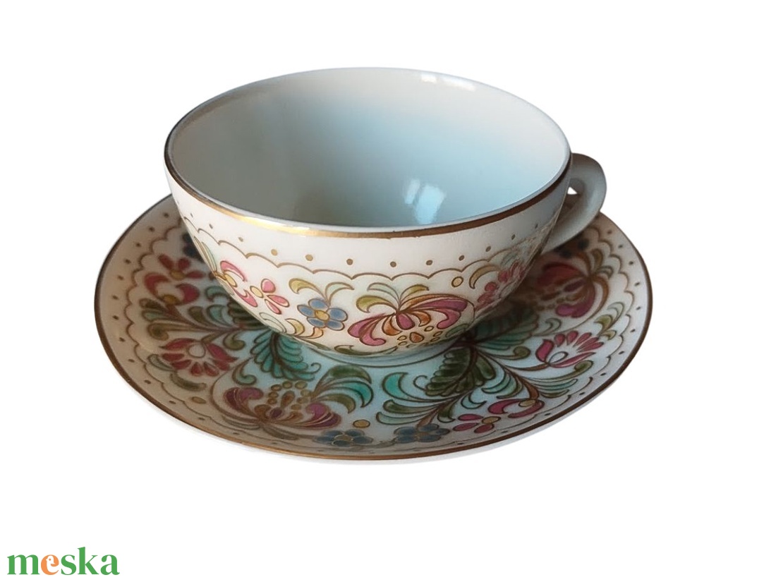 RITKA! Zsolnayaranykontúrozott kávéscsésze, Körpecsétes Zsolnay porcelán kávéscsésze  aljjal - otthon & életmód - konyhafelszerelés, tálalás - tálalás - bögre & csésze - Meska.hu