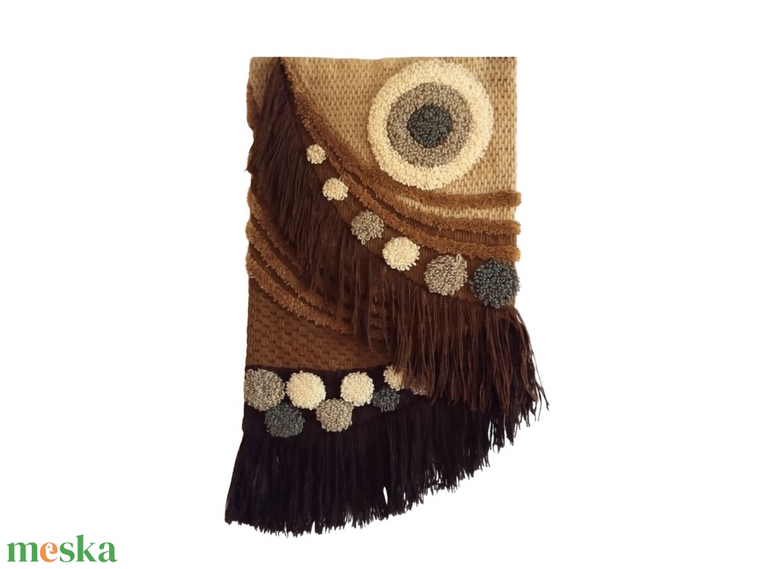 Mid Century suba faliszőnyeg rojtokkal, Vintage falvédő, Bohemian stílusú retro suba falvédő pomponokkal - otthon & életmód - dekoráció - fali és függő dekoráció - falra akasztható dekor - Meska.hu