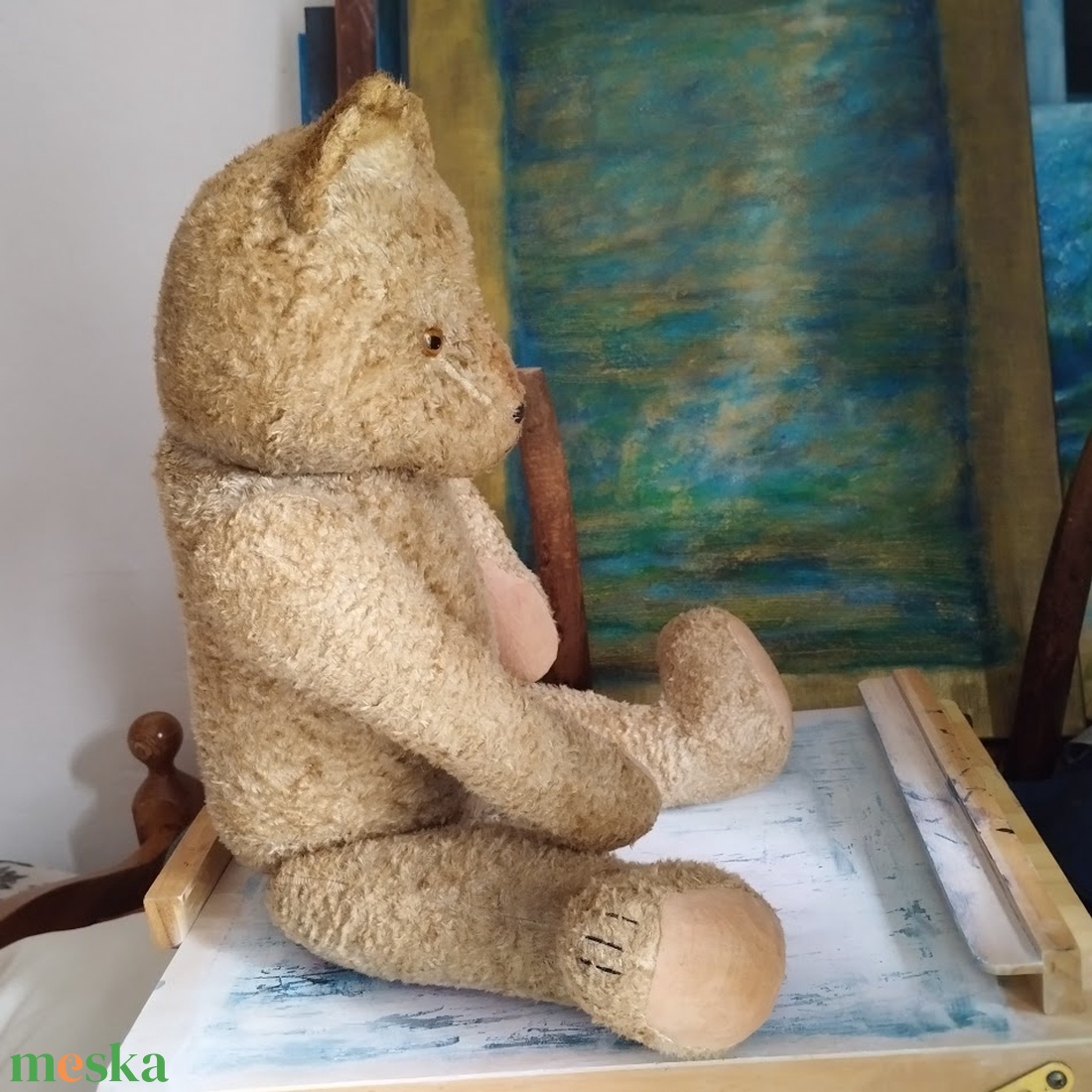 Vintage szalma mackó, Antik brummogó maci, Vintage gyűjtői szalmával tömött mackó, Antik világos színű teddy maci - játék & sport - plüssállat & játékfigura - maci - Meska.hu