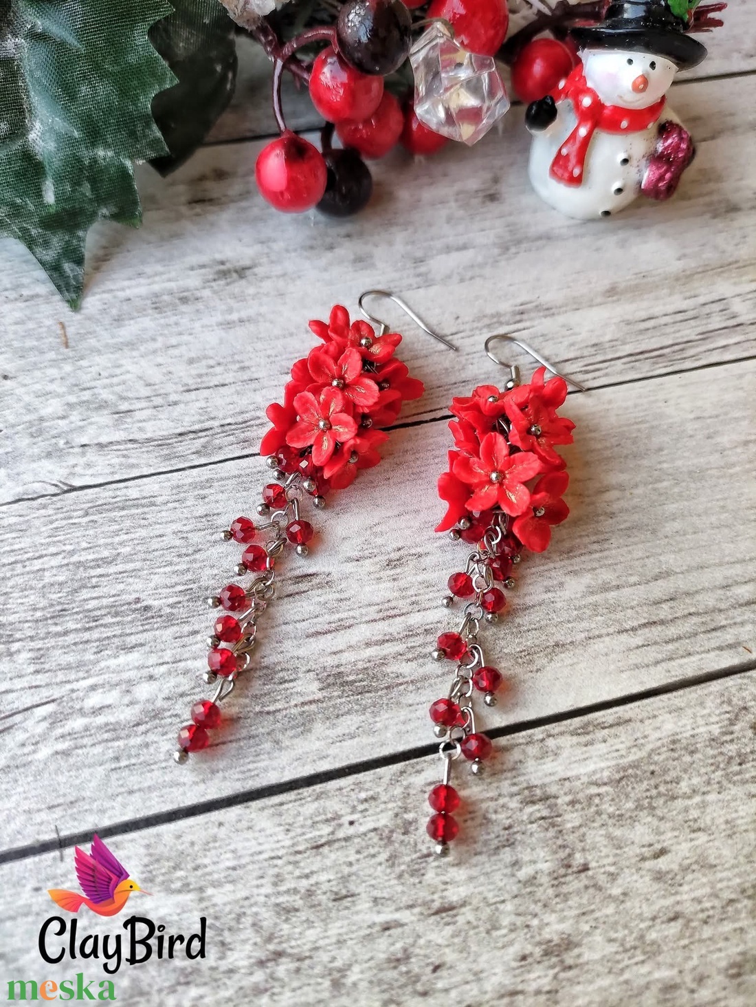 Piros vir�gos fülbevaló - ékszer - fülbevaló - lógó fülbevaló - Meska.hu