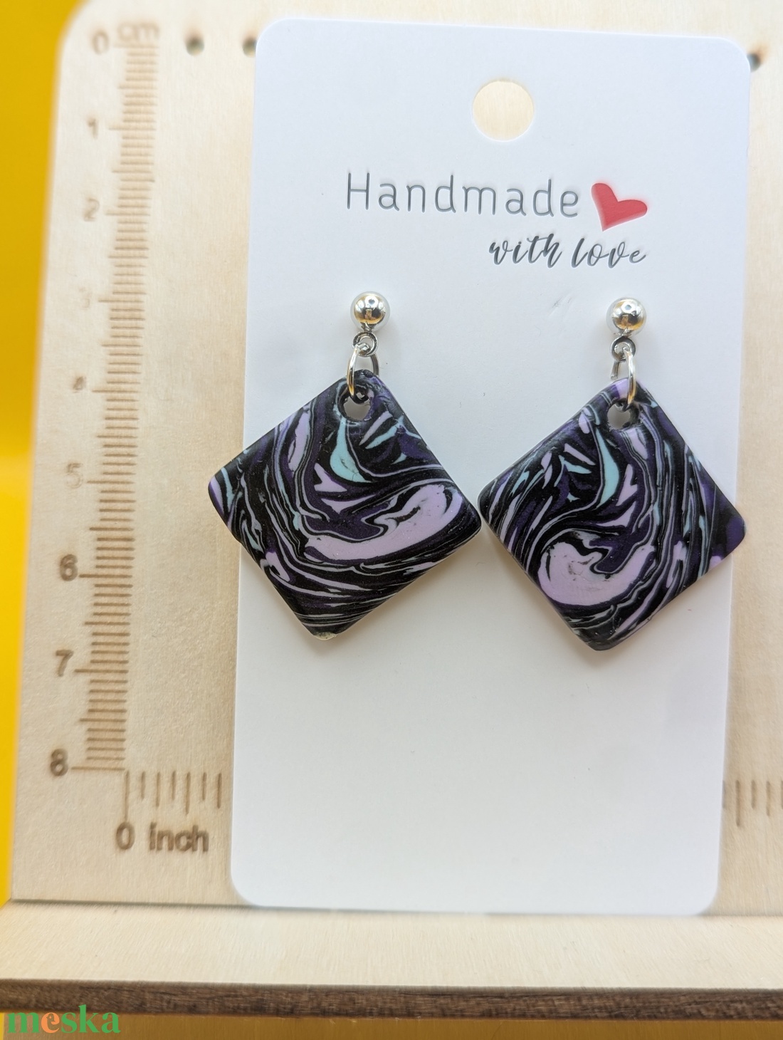 Kézműves fülbevaló polimer gyurmából (polymer clay), karácsonyi ajándék, négyszög - 119 - ékszer - fülbevaló - lógó fülbevaló - Meska.hu