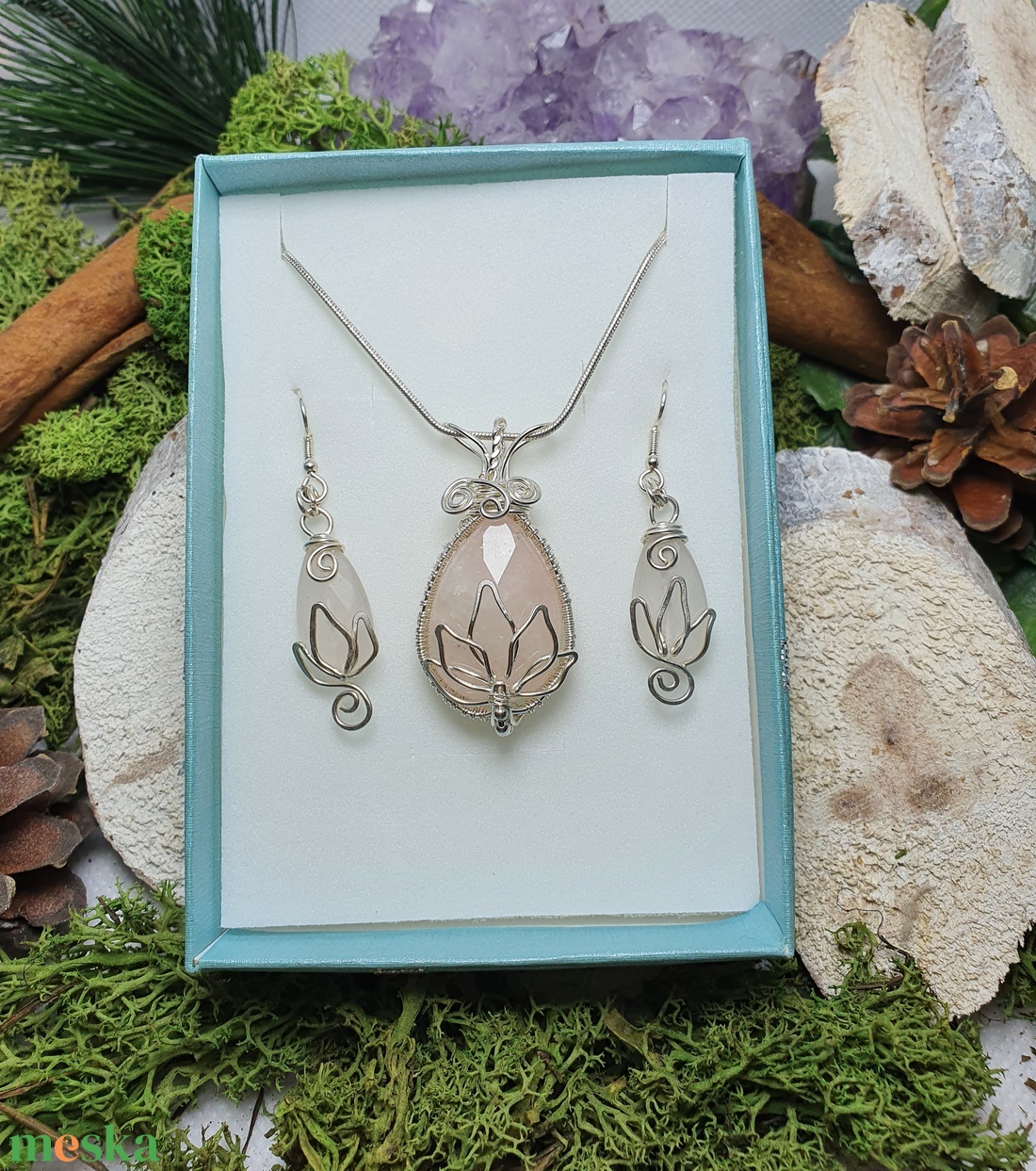 Drótékszer szett rózsakvarccal - ékszer - ékszerszett - Meska.hu