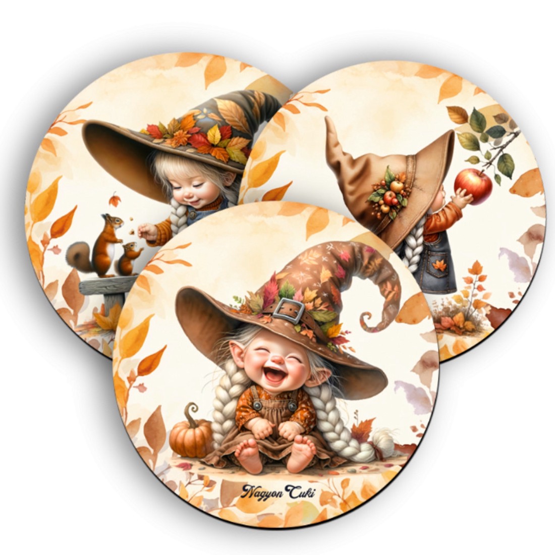 3 db aranyos őszi manó lány kör alakú alátét szett (#88) -  - Meska.hu