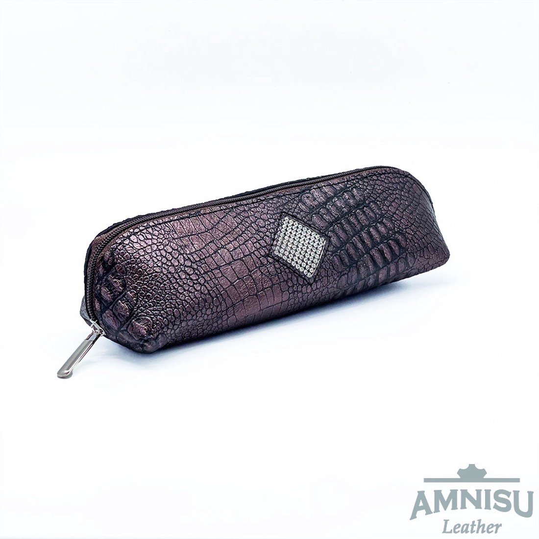 Metál barna krokkómintás rombusz swarovski köves bőr neszeszer / tolltartó K4029 - táska & tok - neszesszer - Meska.hu
