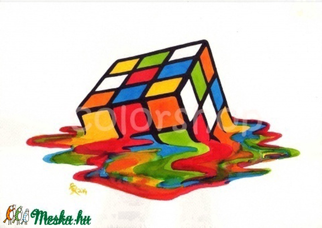 Olvadó Rubik kocka - eredeti akvarell A4 - - Meska.hu Olvadó Rubik kocka - eredeti akvarell A4 - - Meska.hu