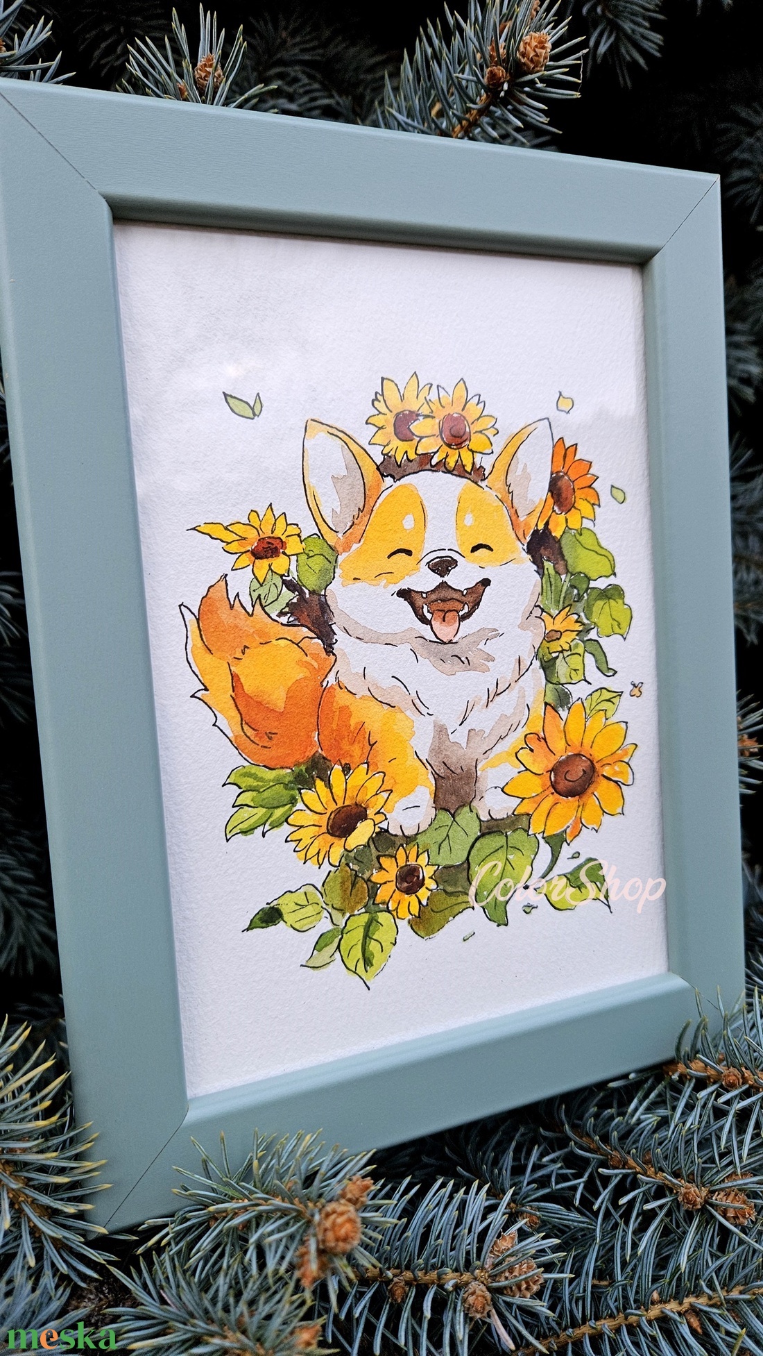 Corgi kutyi napraforgók közt - eredeti akvarell - művészet - festmény - akvarell - Meska.hu