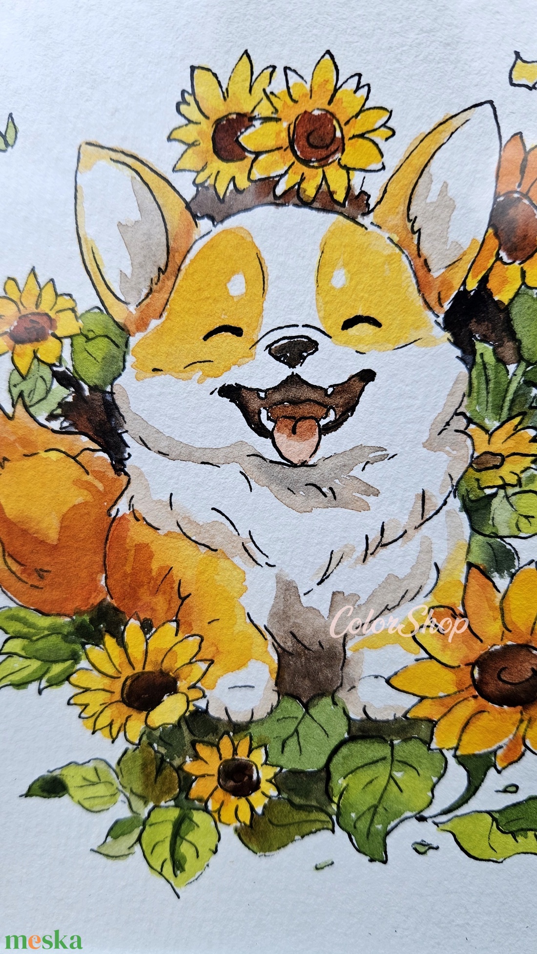 Corgi kutyi napraforgók közt - eredeti akvarell - művészet - festmény - akvarell - Meska.hu