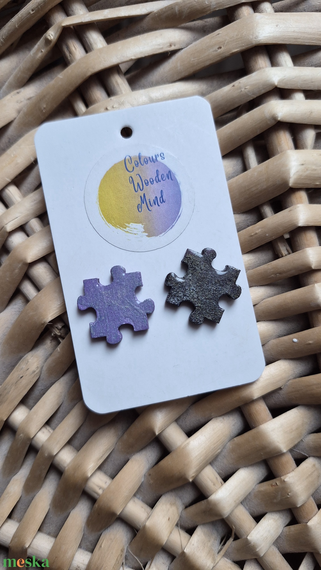 Lila puzzle fa fülbevaló - ékszer - fülbevaló - pötty fülbevaló - Meska.hu