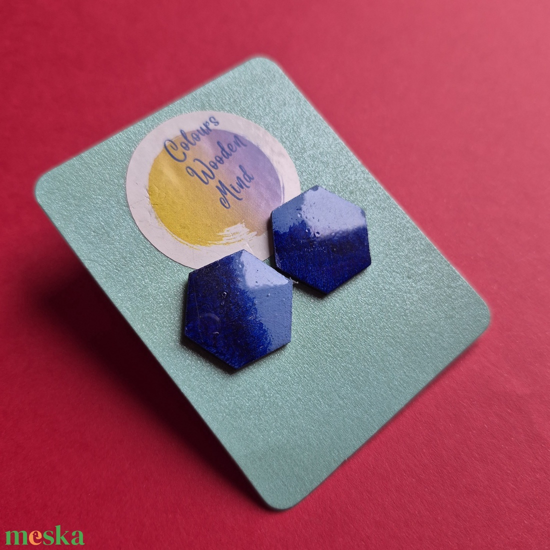 Kék hatszög fa bedugós fülbevaló  - ékszer - fülbevaló - pötty fülbevaló - Meska.hu