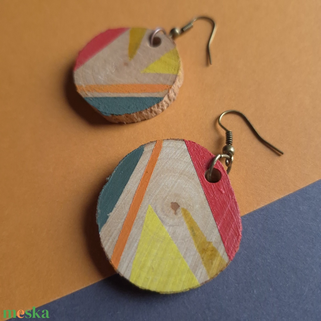 Narancssárga-zöld fa kör fülbevaló - ékszer - fülbevaló - lógó fülbevaló - Meska.hu