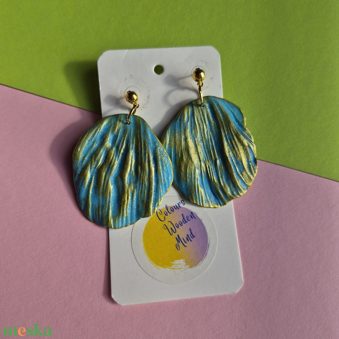 Szirom alakú kék-arany lógós fülbevaló - ékszer - fülbevaló - lógó fülbevaló - Meska.hu