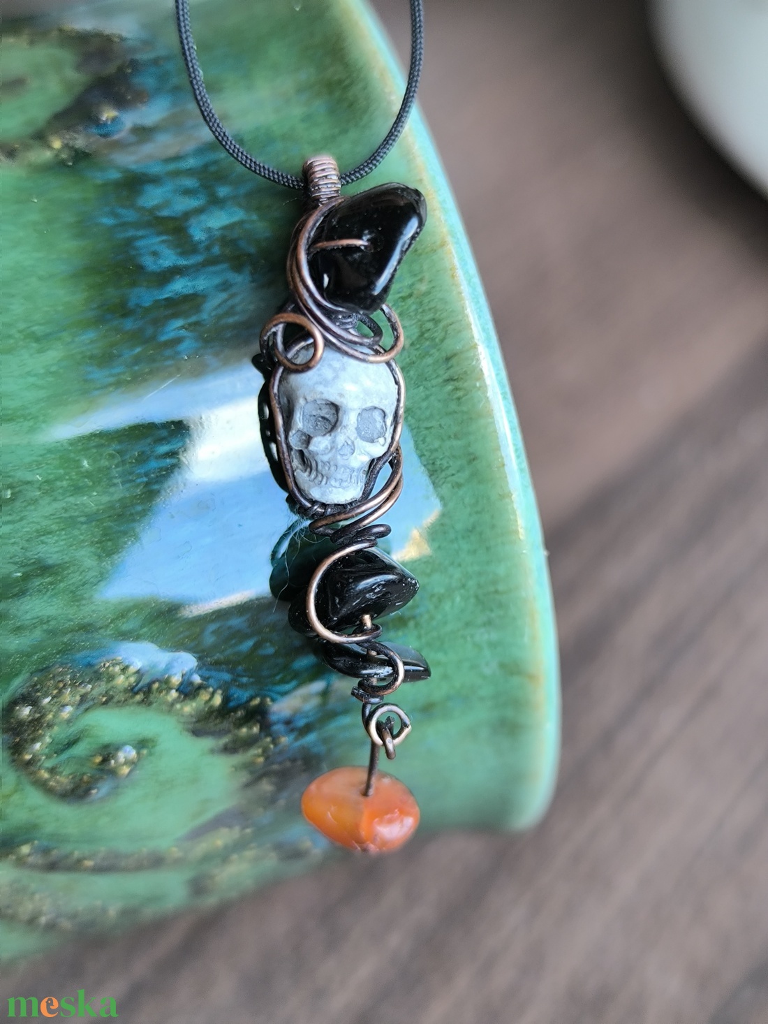 Réz medál koponyával,obszidiánnal és agate - ékszer - nyaklánc - medál - Meska.hu Réz medál koponyával,obszidiánnal és agate - ékszer - nyaklánc - medál - Meska.hu