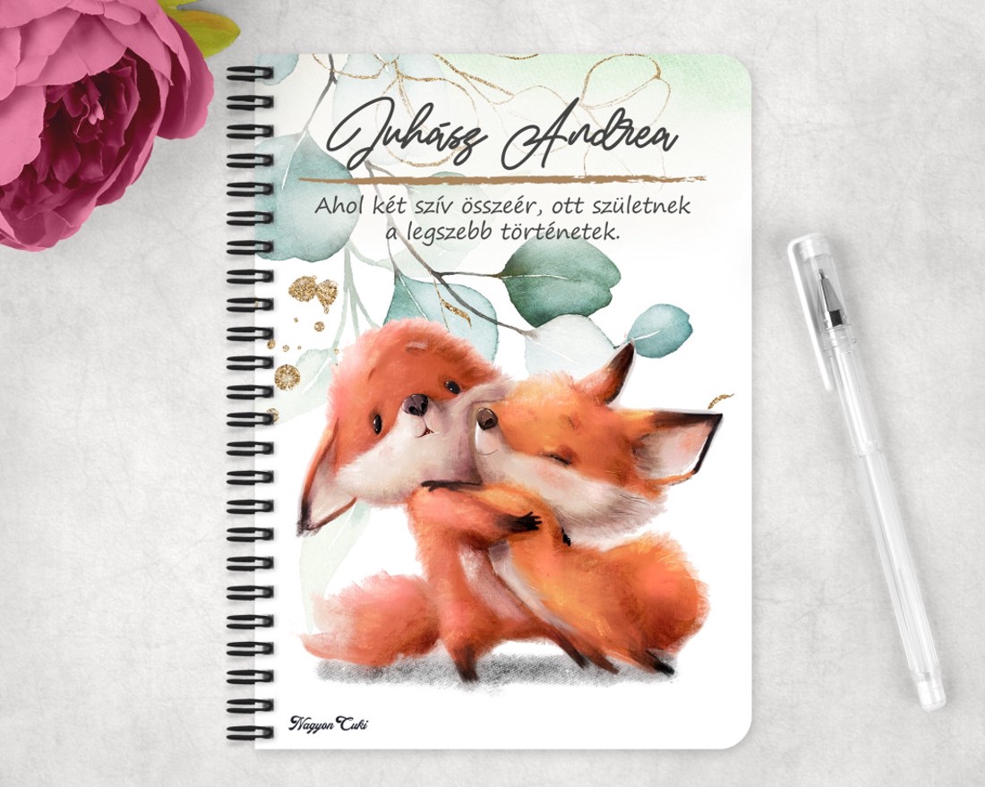 Személyre szabható - Fox Love mintás A6-os füzet - otthon & életmód - papír, írószer - jegyzetfüzet & napló - Meska.hu
