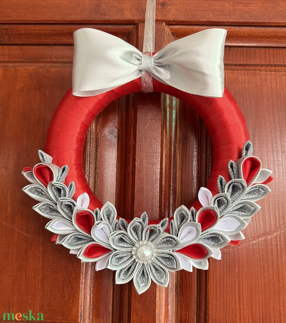 Piros - ezüst kopogtató - karácsony - adventi díszek - adventi ajtódísz - Meska.hu