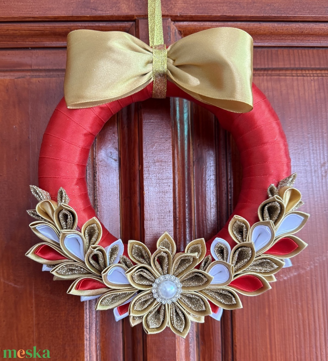 Piros - arany kopogtató - karácsony - adventi díszek - adventi ajtódísz - Meska.hu