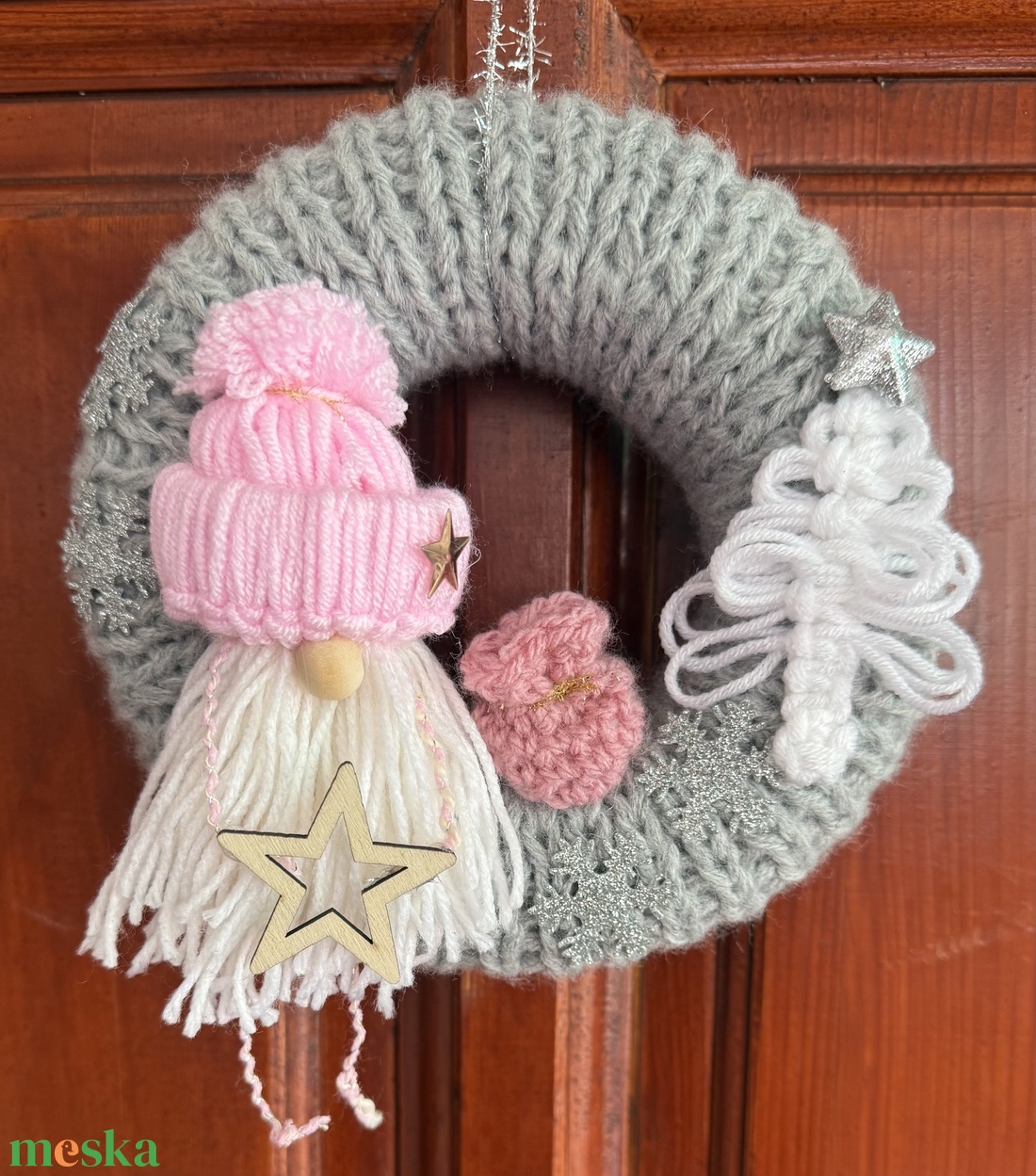 Rózsaszín manós ajtódísz - karácsony - adventi díszek - adventi ajtódísz - Meska.hu