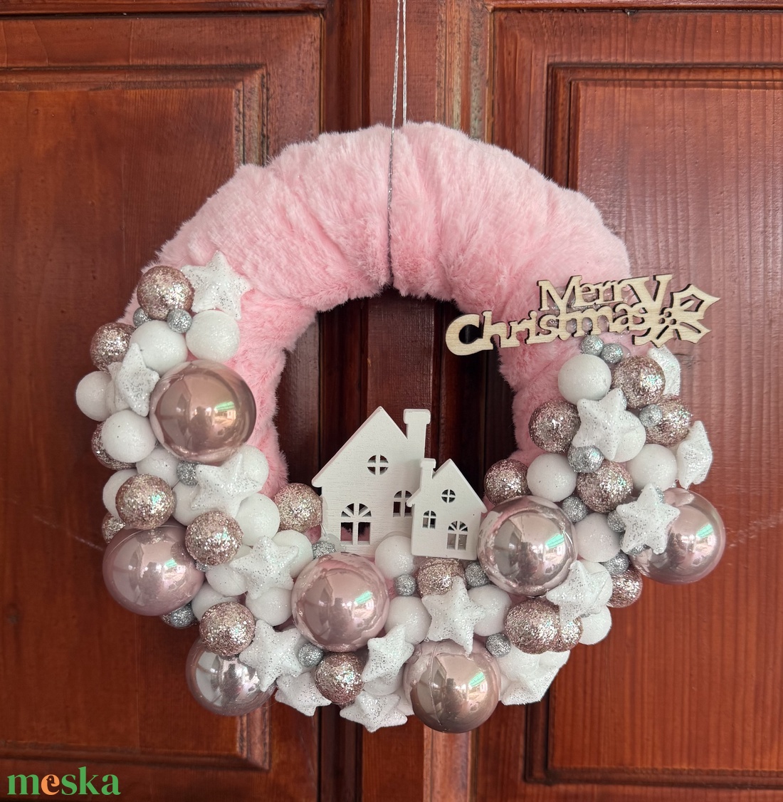 Rózsaszín - fehér ajtódísz - karácsony - adventi díszek - adventi ajtódísz - Meska.hu