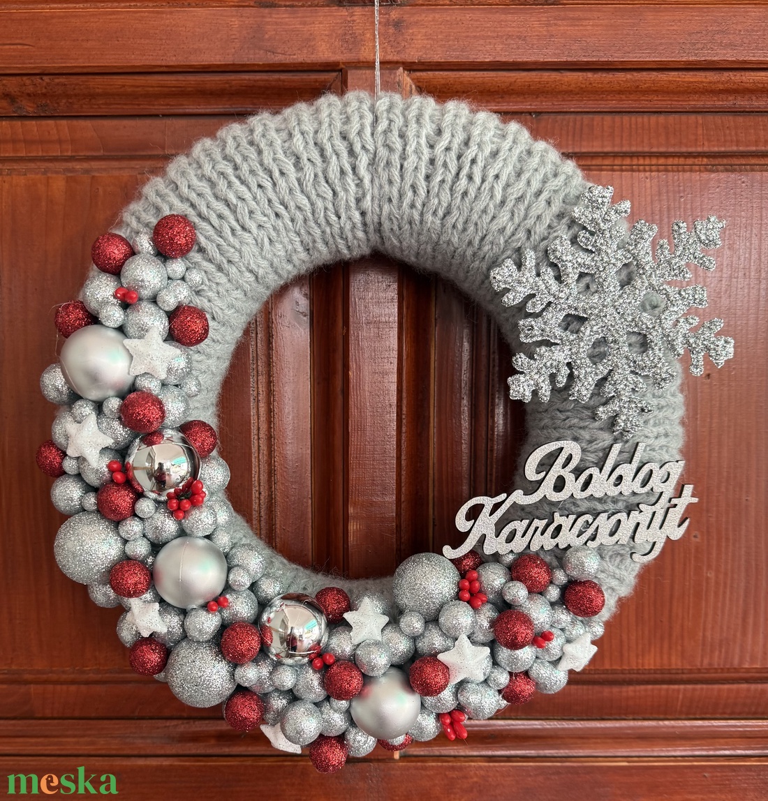 Piros - ezüst ajtódísz - karácsony - adventi díszek - adventi ajtódísz - Meska.hu