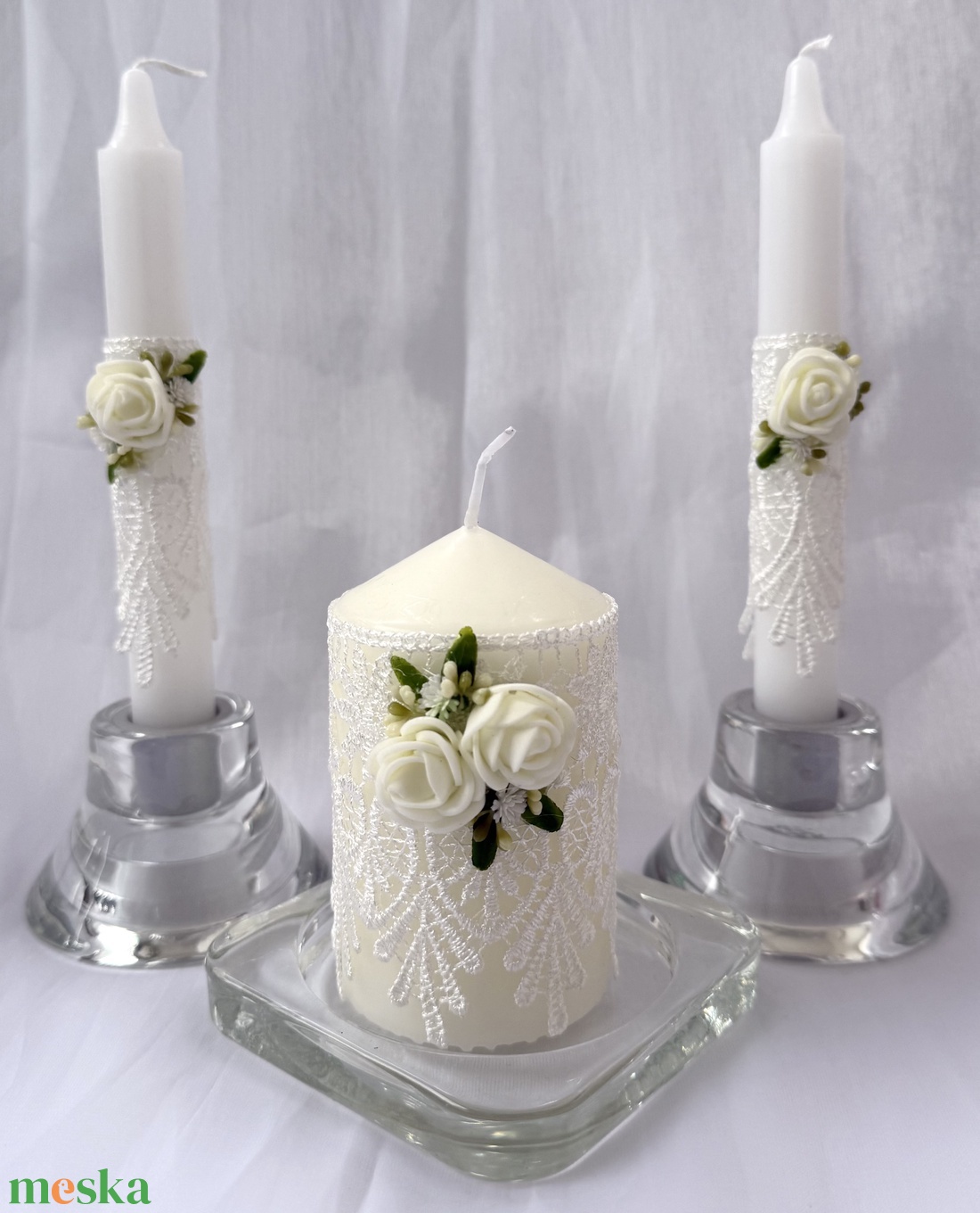 Fehér gyertyaszett - esküvő - dekoráció - gyertya & gyertyatartó - Meska.hu
