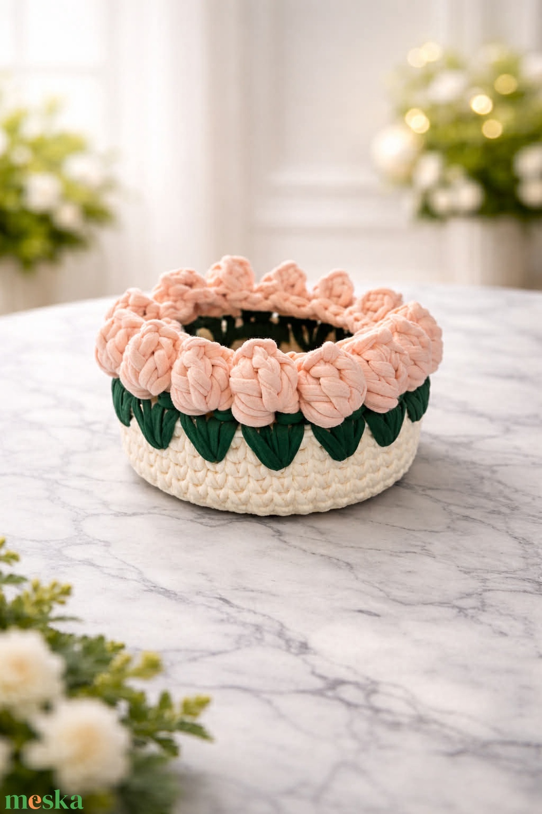 Barack tulipános horgolt kosár - otthon & életmód - dekoráció - asztal és polc dekoráció - dekorációs tál, tartó - Meska.hu