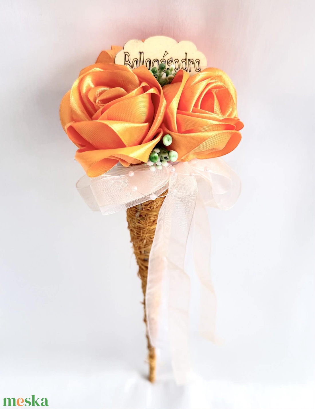 Narancssárga sizal tölcséres  ballagási csokor - otthon & életmód - virágdekoráció - virágok - virágcsokor - Meska.hu