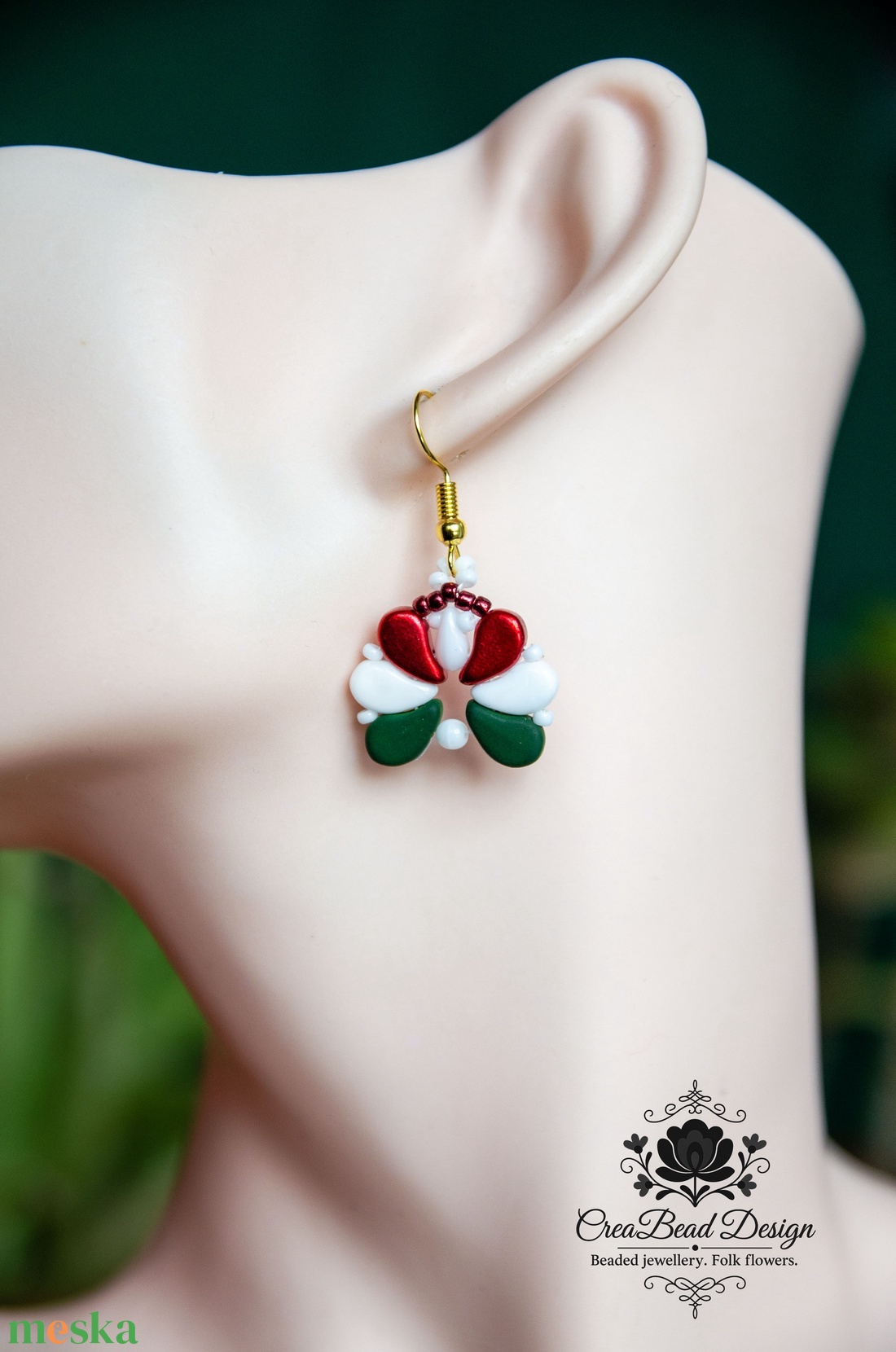 Creabead Design matyórózsa stílusú elegáns trikolor fülbevaló - ékszer - fülbevaló - lógó csepp fülbevaló - Meska.hu