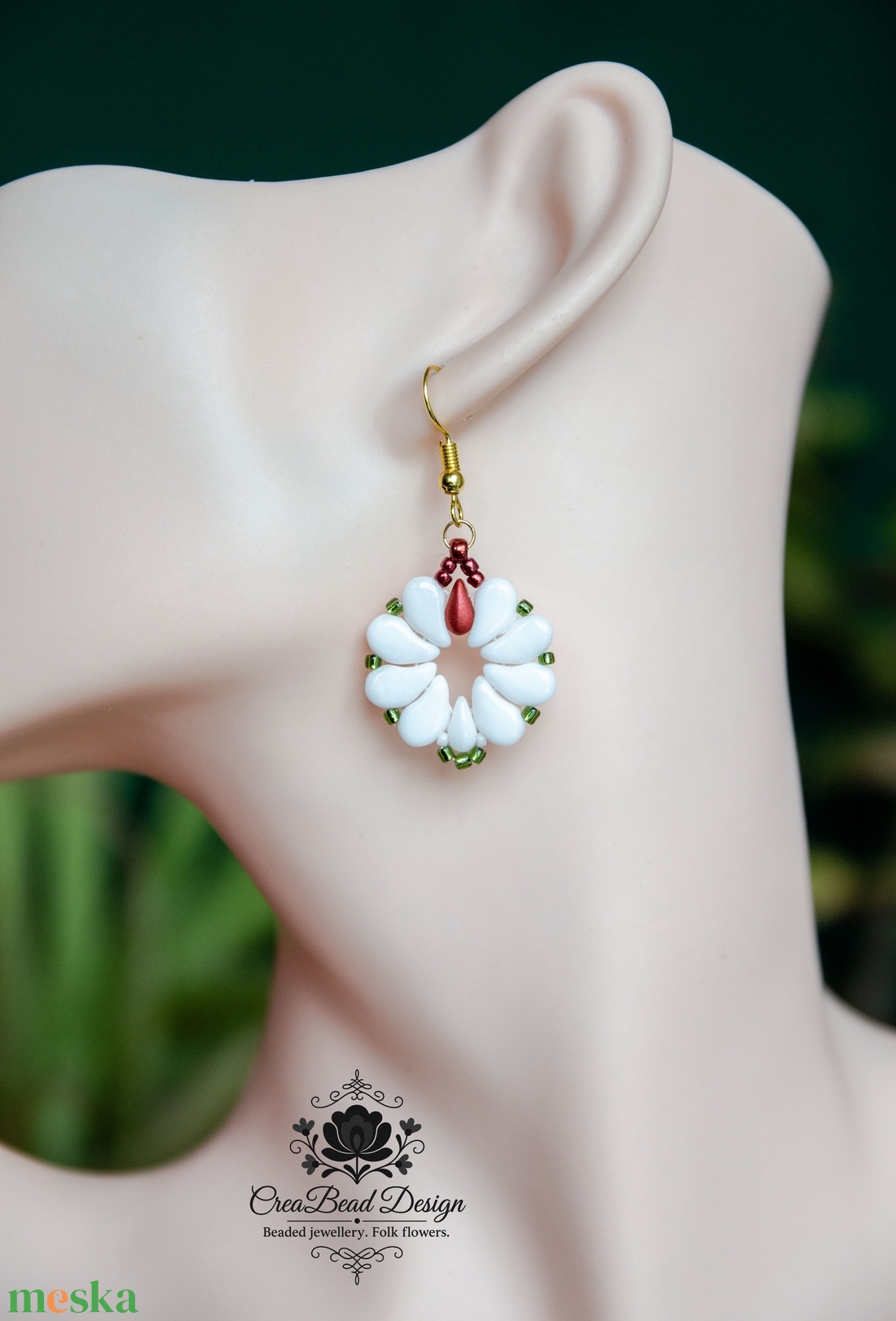 Creabead Design matyórózsa stílusú elegáns trikolor fülbevaló - ékszer - fülbevaló - lógó csepp fülbevaló - Meska.hu