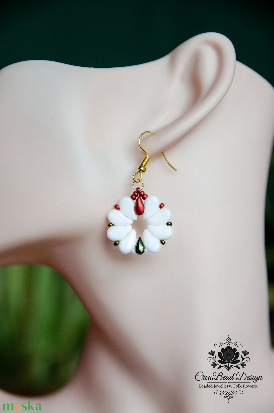 Creabead Design matyórózsa stílusú elegáns trikolor fülbevaló - ékszer - fülbevaló - lógó csepp fülbevaló - Meska.hu