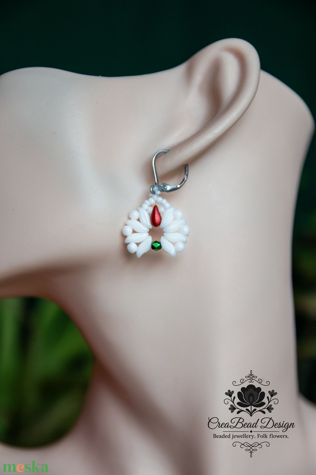 Creabead Design matyó tulipán stílusú elegáns trikolor fülbevaló - ékszer - fülbevaló - lógó csepp fülbevaló - Meska.hu